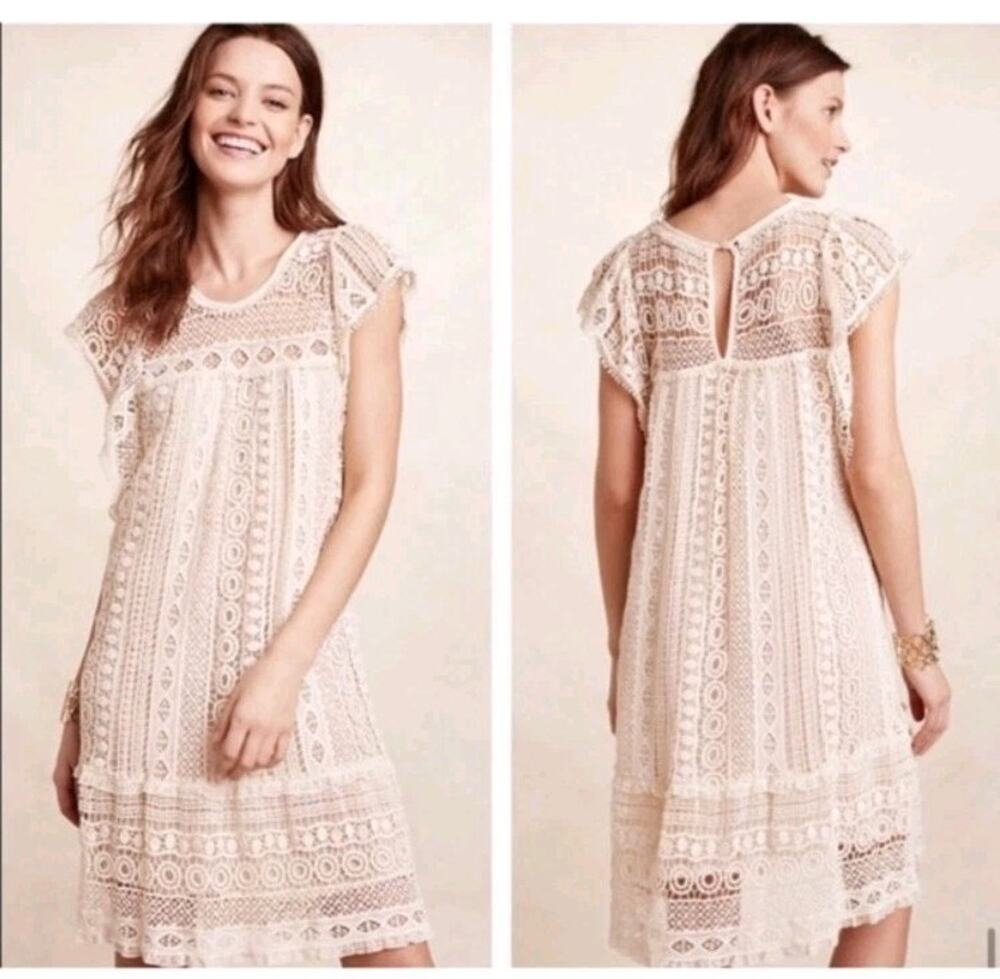 Anthropologie Maeve Crochet Tunic Shift Dress Sz Medium Ivory White Cap Sleeves